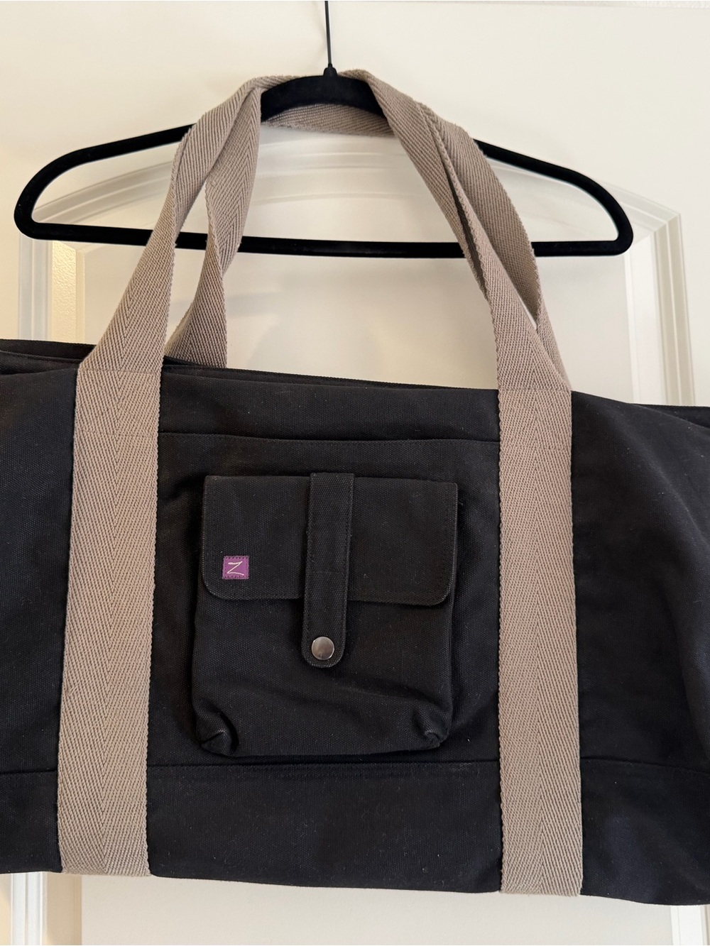 Black Canvas Yoga/Weekender Tote with Taupe Straps